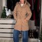padded camel coat with hood and belt