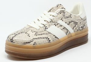A beige snake print trainer with white side stripes and a lace-up closure. The sole is platform and appears to be 4cm thick.