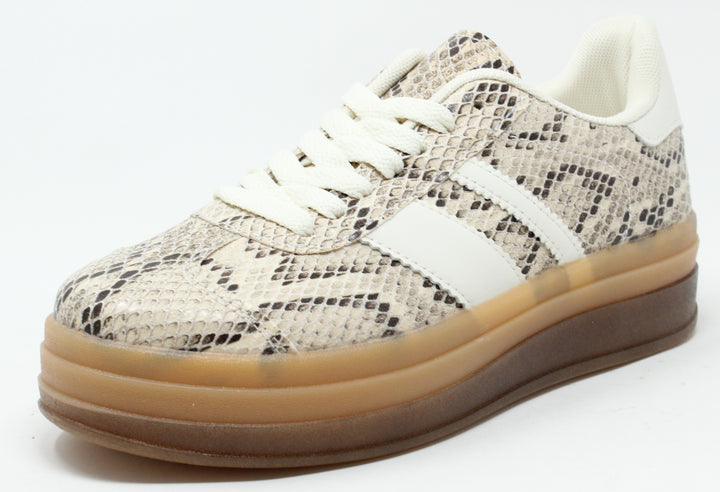 A beige snake print trainer with white side stripes and a lace-up closure. The sole is platform and appears to be 4cm thick.