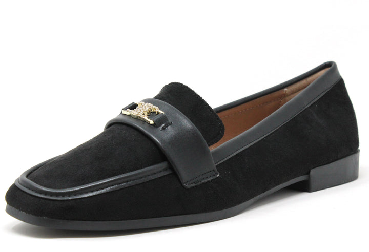 Black loafers with microfibre contrast trim and gold hardware, featuring a square toe.