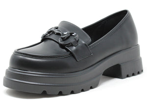 A black double sole loafer with a round toe and low pitch, featuring a buckle strap and a thick sole.
