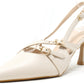 Beige high-heeled shoe with a strap on a white background