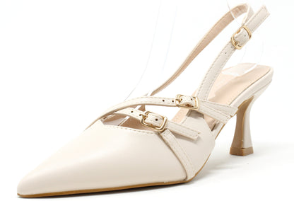 Beige high-heeled shoe with a strap on a white background