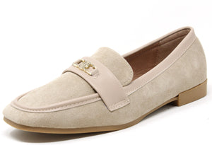 beige loafers with microfibre contrast trim and gold hardware, featuring a square toe.