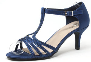 A navy satin heel with diamante details and an open toe. It includes an adjustable ankle strap and a slim heel.
