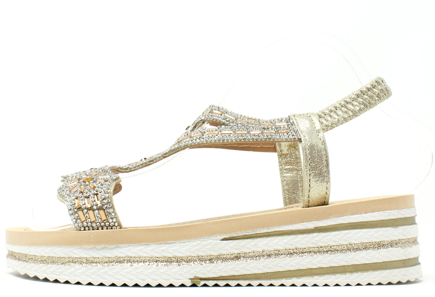 Gold sandal with platform sole on a white background