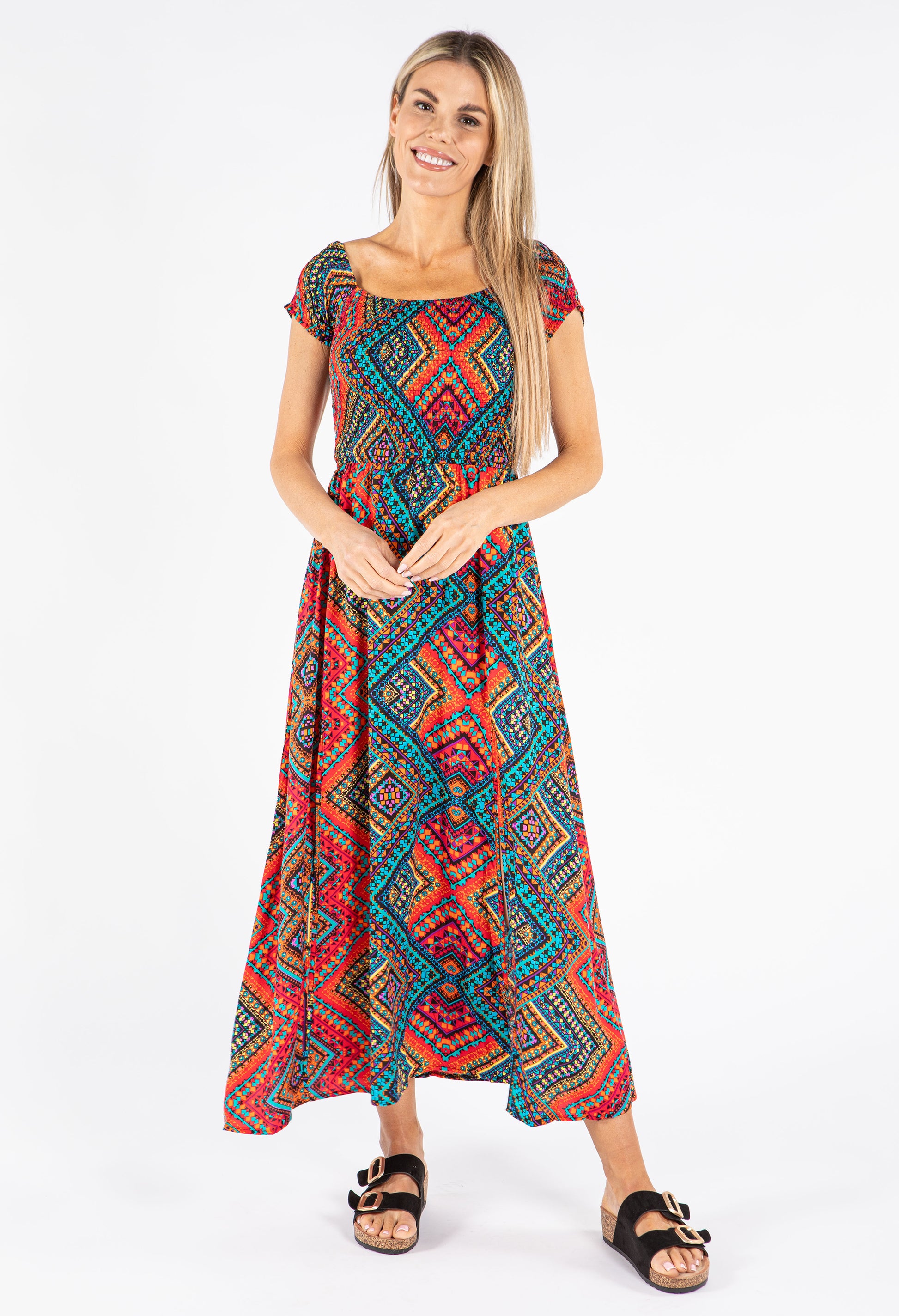 Smocking Bodice Aztec Print Dress Smocking Bodice Aztec Print Dress