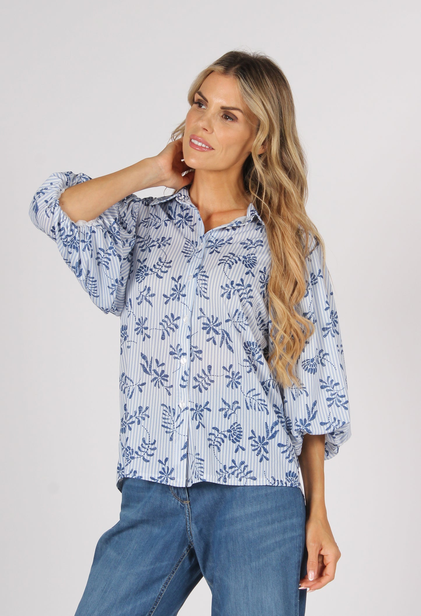 Striped Balloon Sleeve Blouse