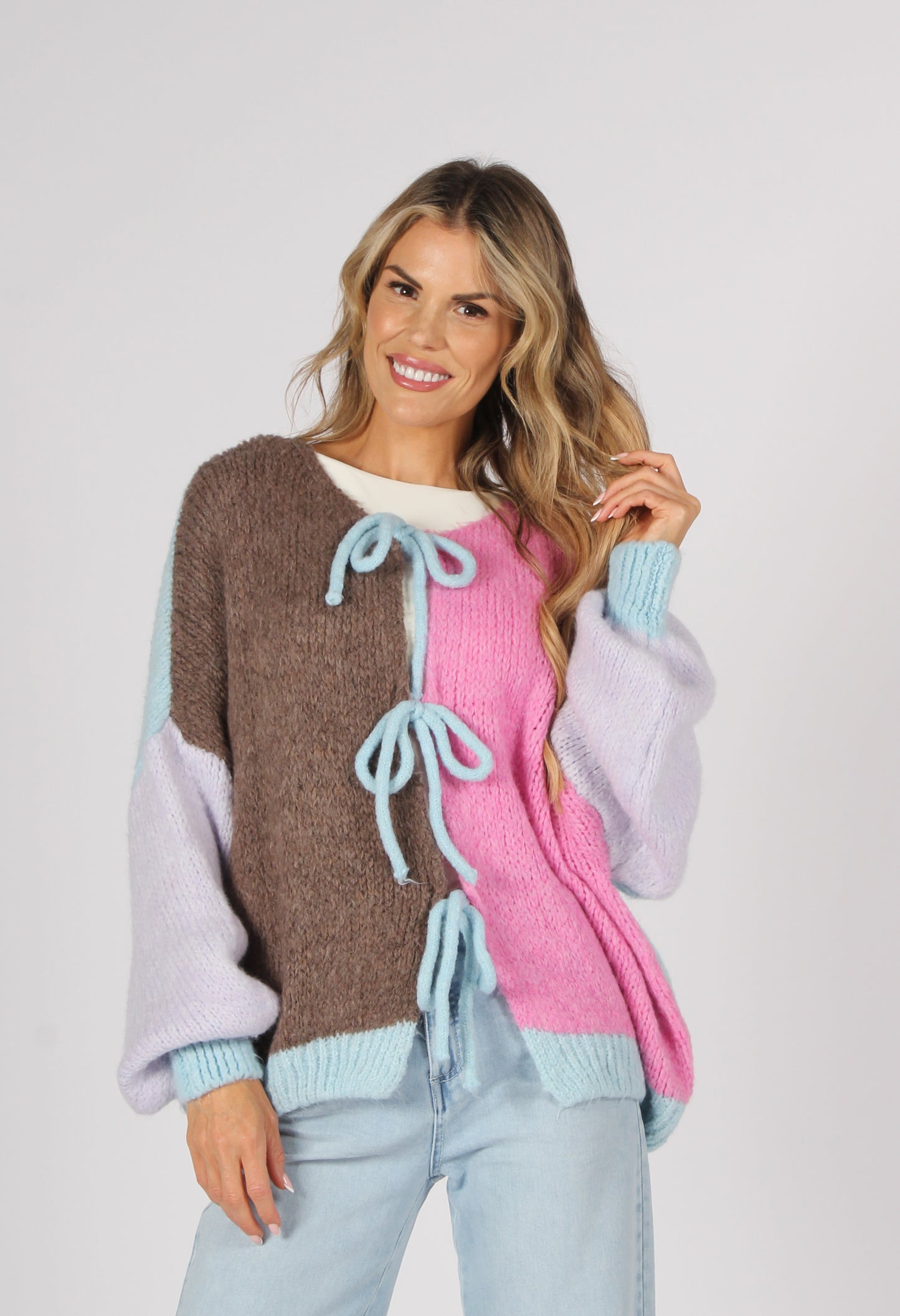 Pastel Colour Block Tie Knit Cardigan