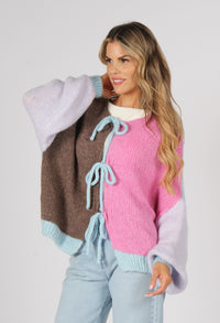 Pastel Colour Block Tie Knit Cardigan