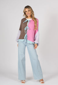 Pastel Colour Block Tie Knit Cardigan