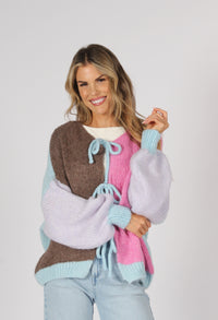 Pastel Colour Block Tie Knit Cardigan