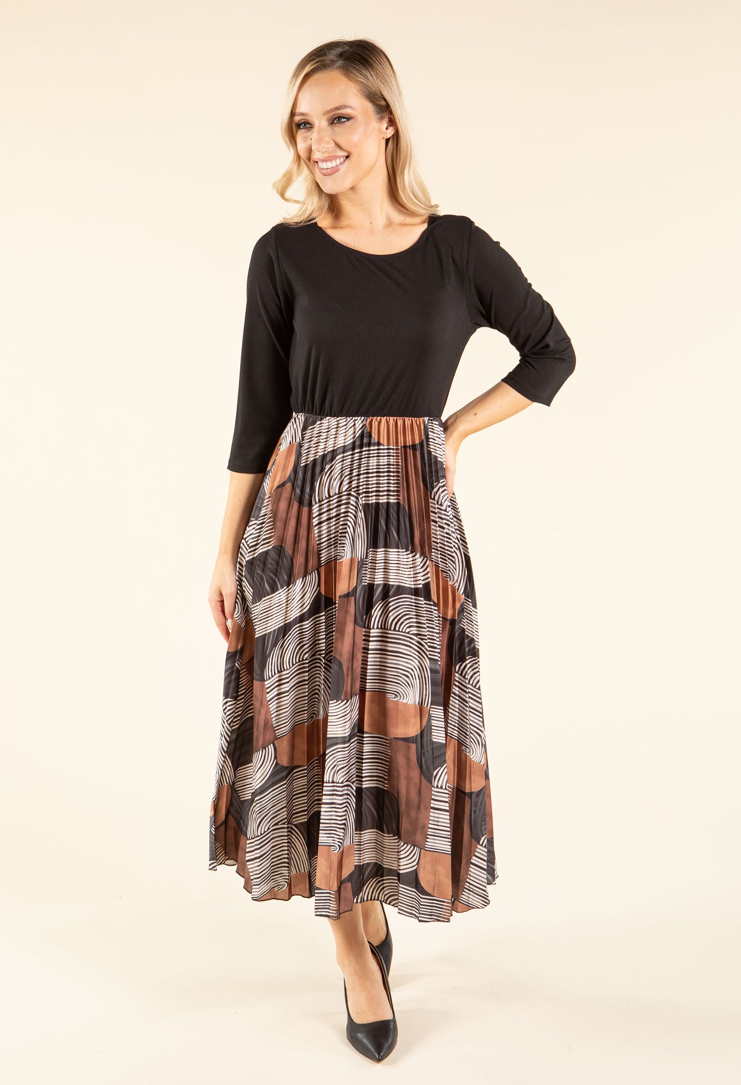 Ribbed Bodice Abstract Print Dress