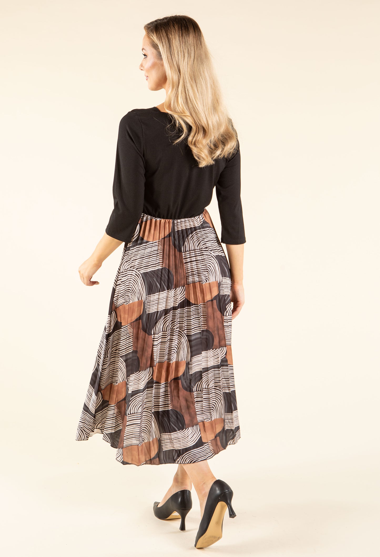 Ribbed Bodice Abstract Print Dress