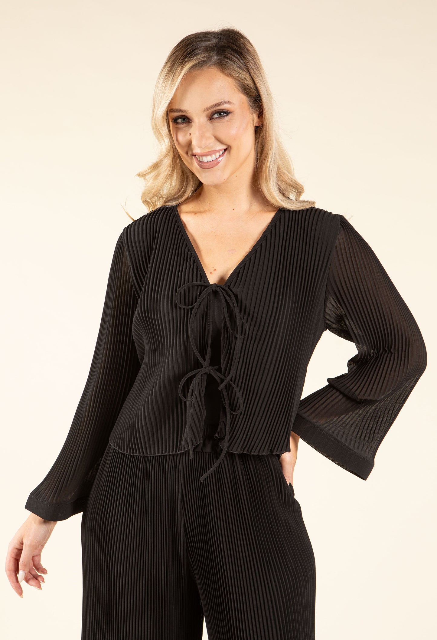 Flute Sleeve Tie Front Blouse