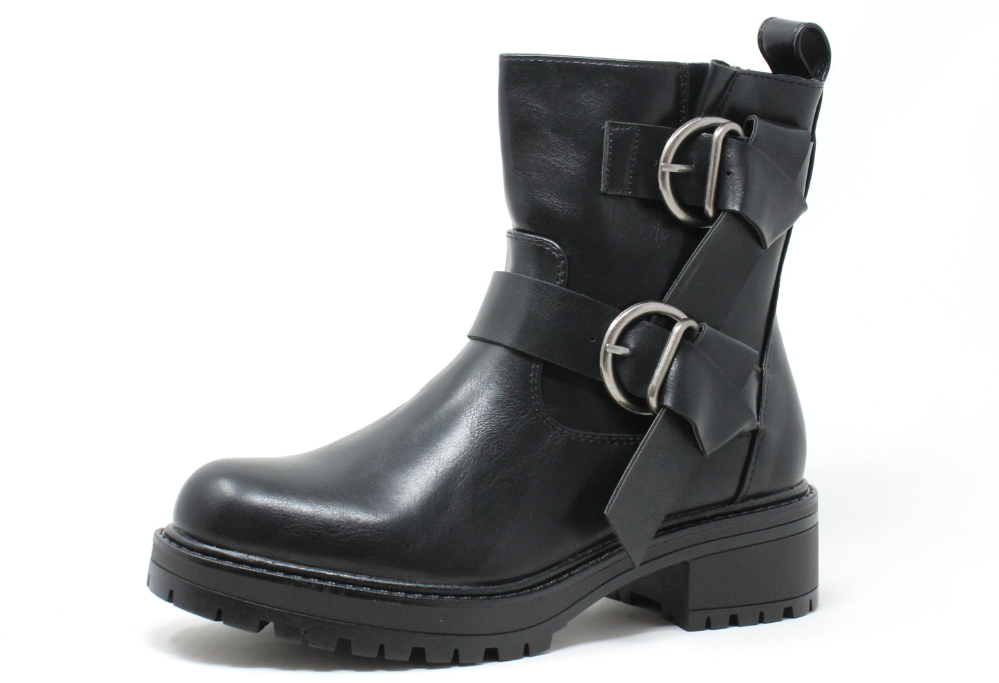 Black leather boot with buckles on a white background