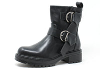 Black leather boot with buckles on a white background