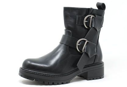 Black leather boot with buckles on a white background