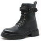 Black leather boot with buckle details on a white background