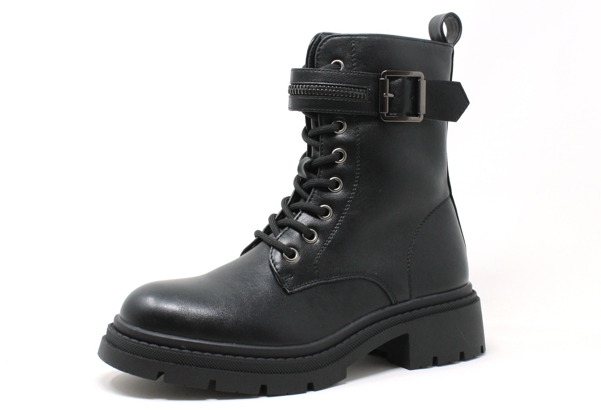 Black leather boot with buckle details on a white background