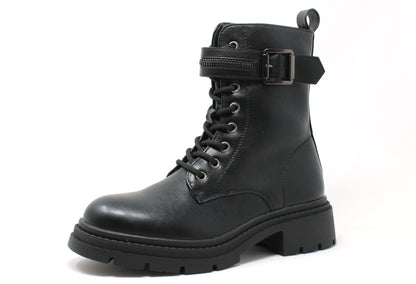 Black leather boot with buckle details on a white background