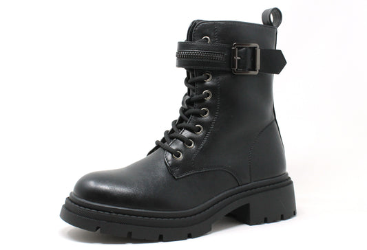 Black leather boot with buckle details on a white background