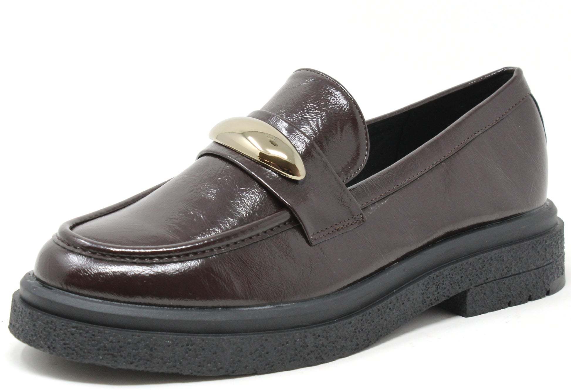 burgundy loafer with gold buckle detail on a white background