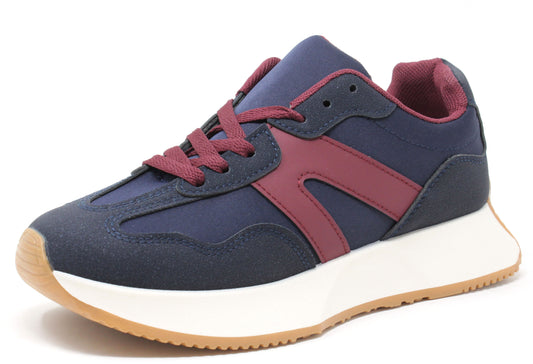 Navy and burgundy sneaker with a white sole on a white background