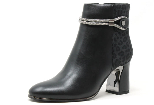 Black ankle boot with leopard print strap and block heel on a white background