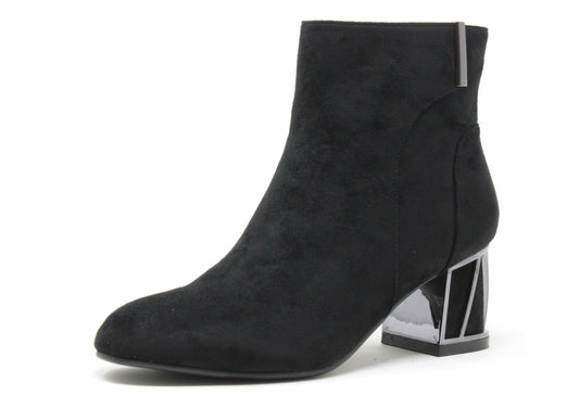 Black ankle boot with a transparent heel on a white background