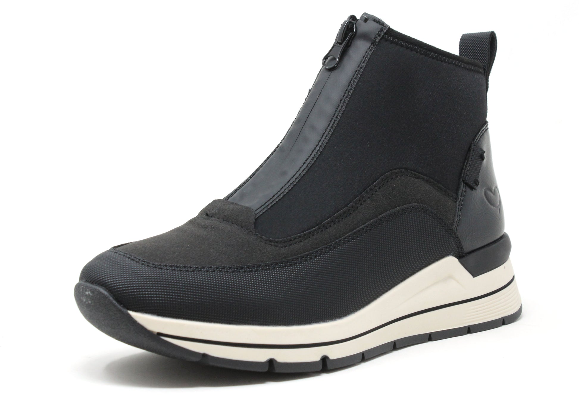 Black ankle boot with a white sole on a white background