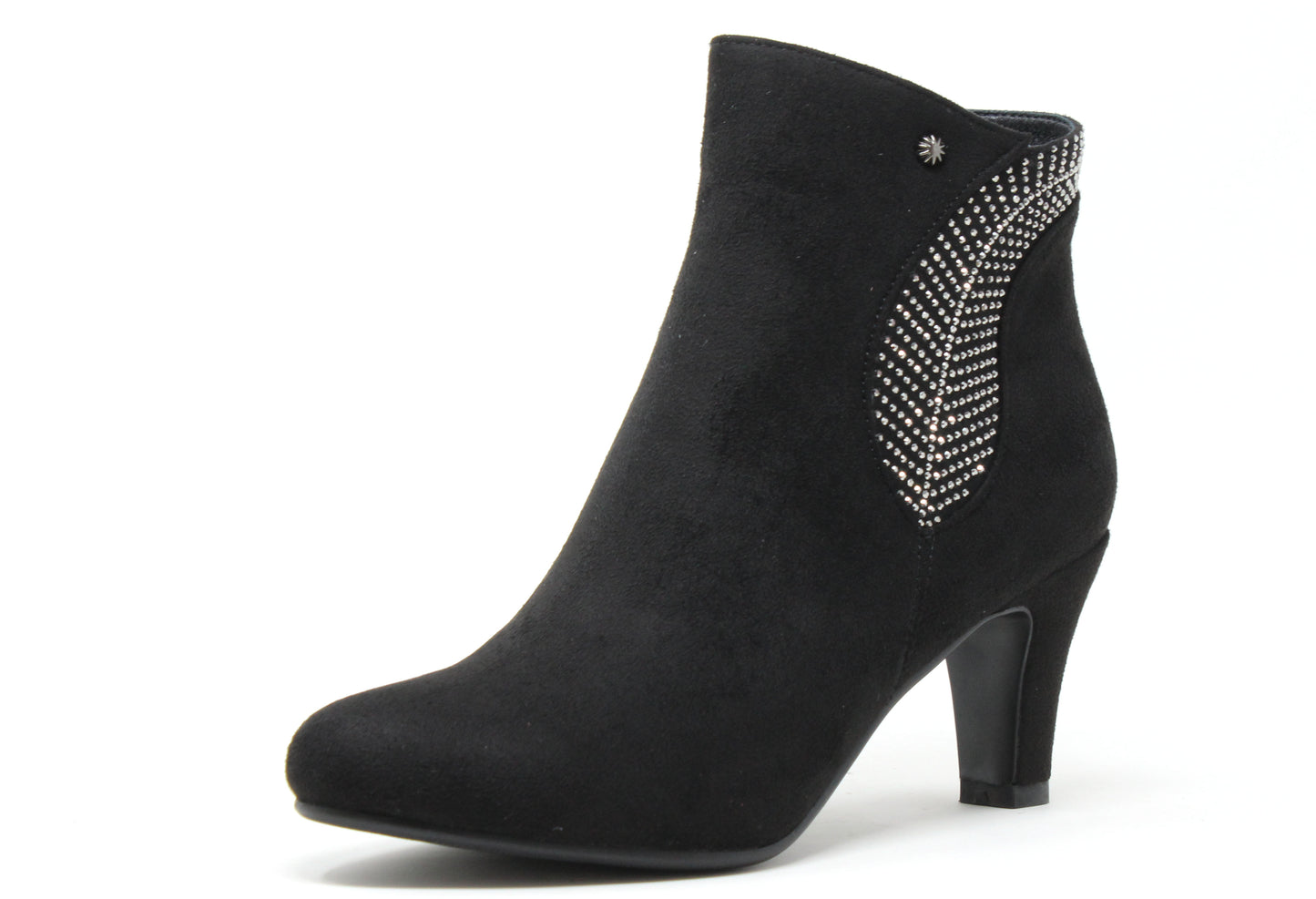 Black ankle boot with rhinestone detail on a white background