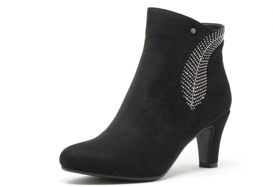 Black ankle boot with rhinestone detail on a white background