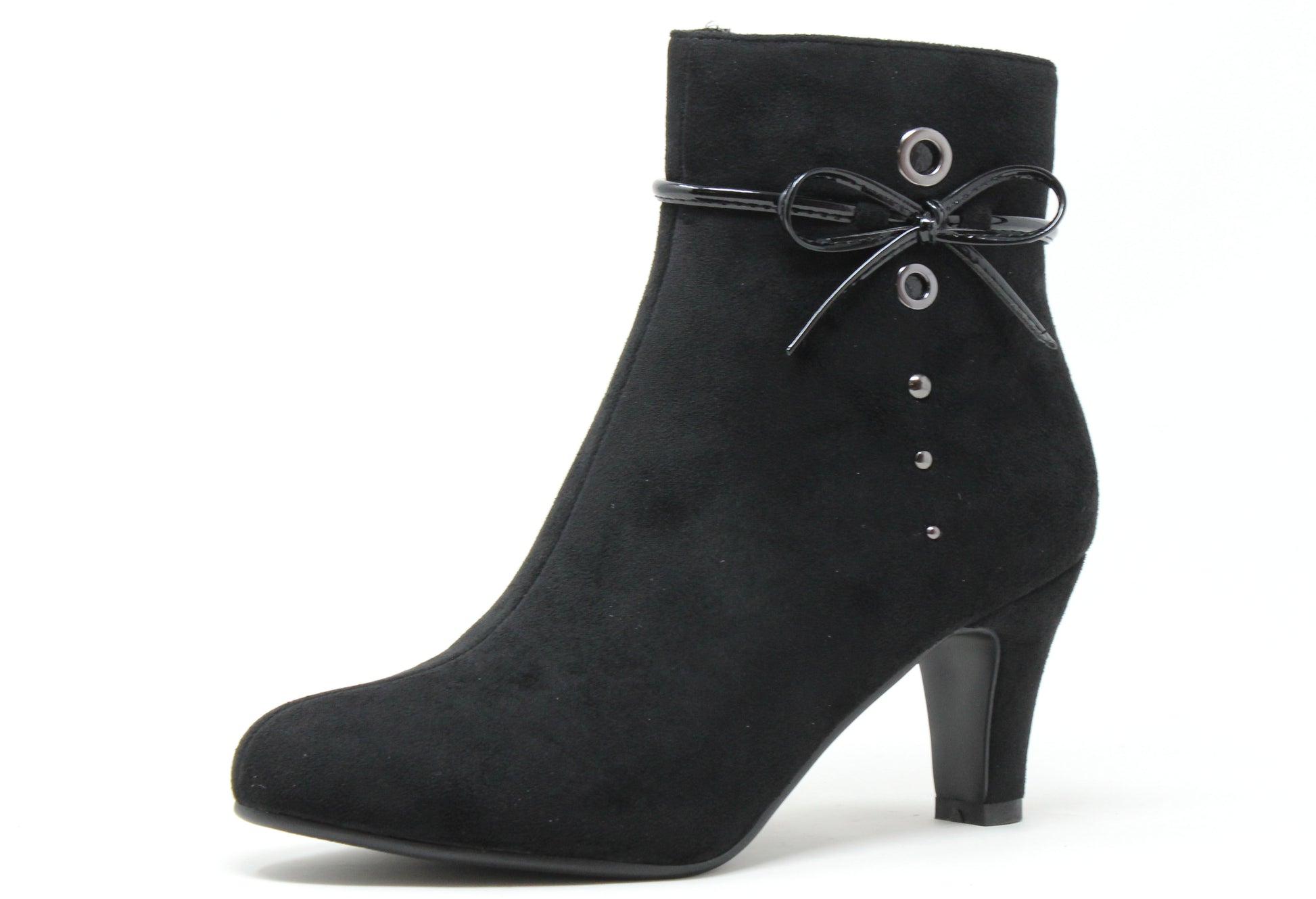 Black ankle boot with a bow and button details on a white background