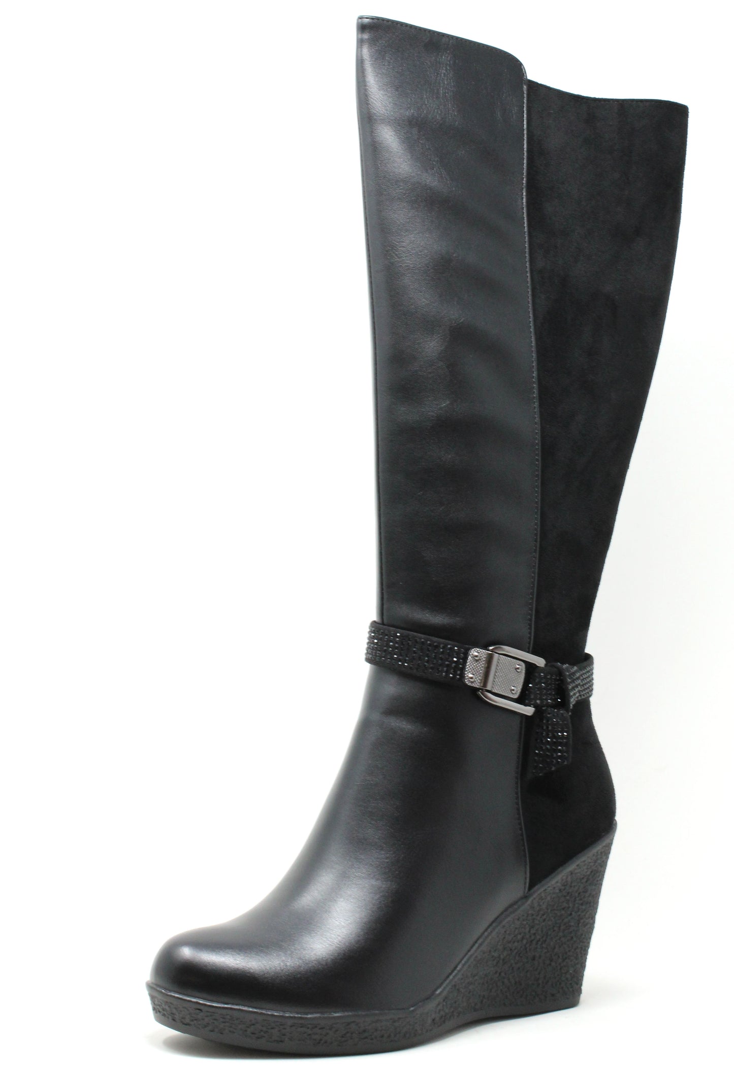 Black wedge boot with a strap on a white background