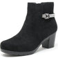 Black ankle boot with a decorative buckle on a white background
