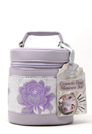 Cosmetic bag with floral design and tag on a white background