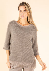 Ribbed Wool-Blend Knit Jumper with Fluffy Trim