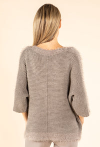 Ribbed Wool-Blend Knit Jumper with Fluffy Trim