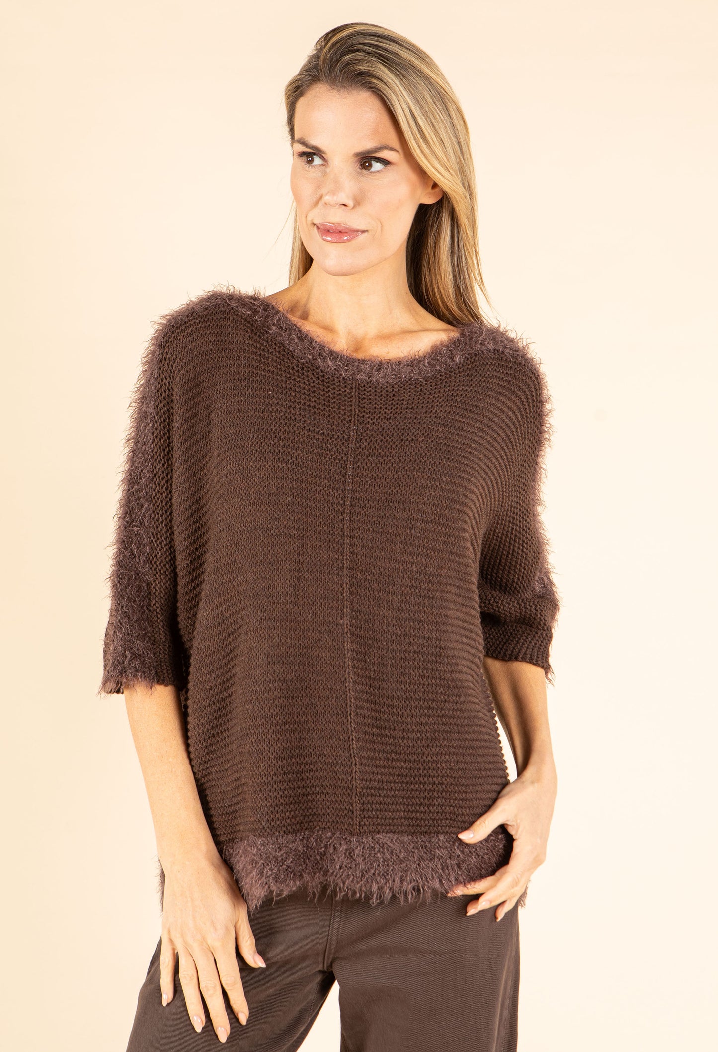Ribbed Wool-Blend Knit Jumper with Fluffy Trim