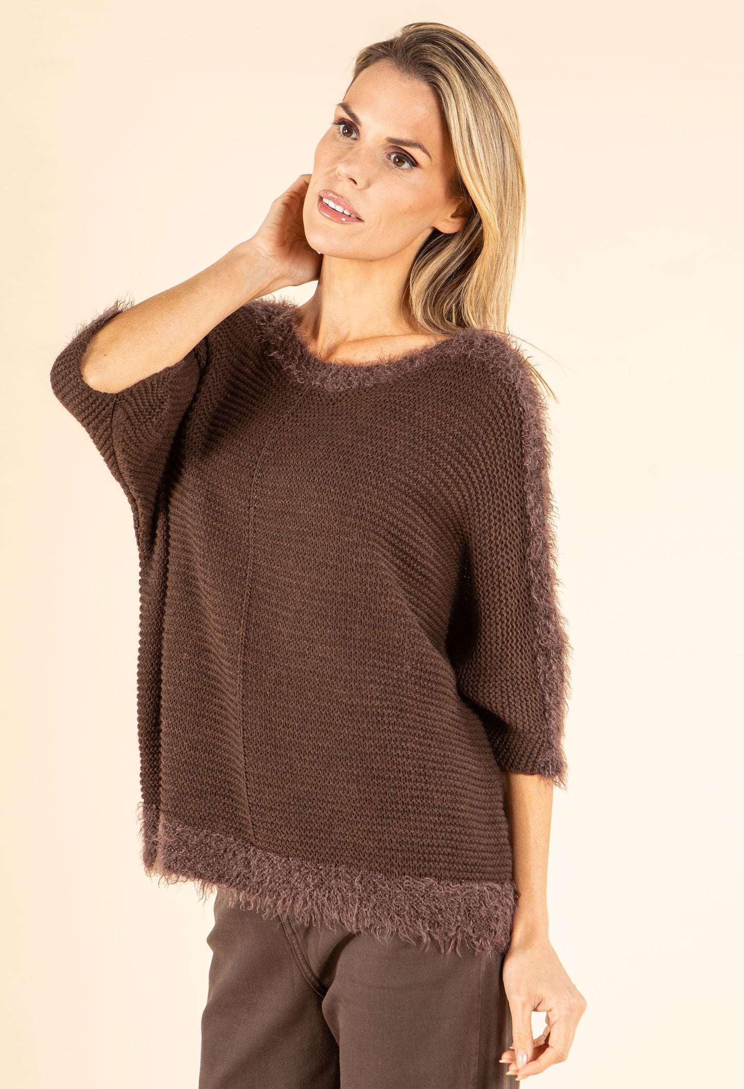 Ribbed Wool-Blend Knit Jumper with Fluffy Trim