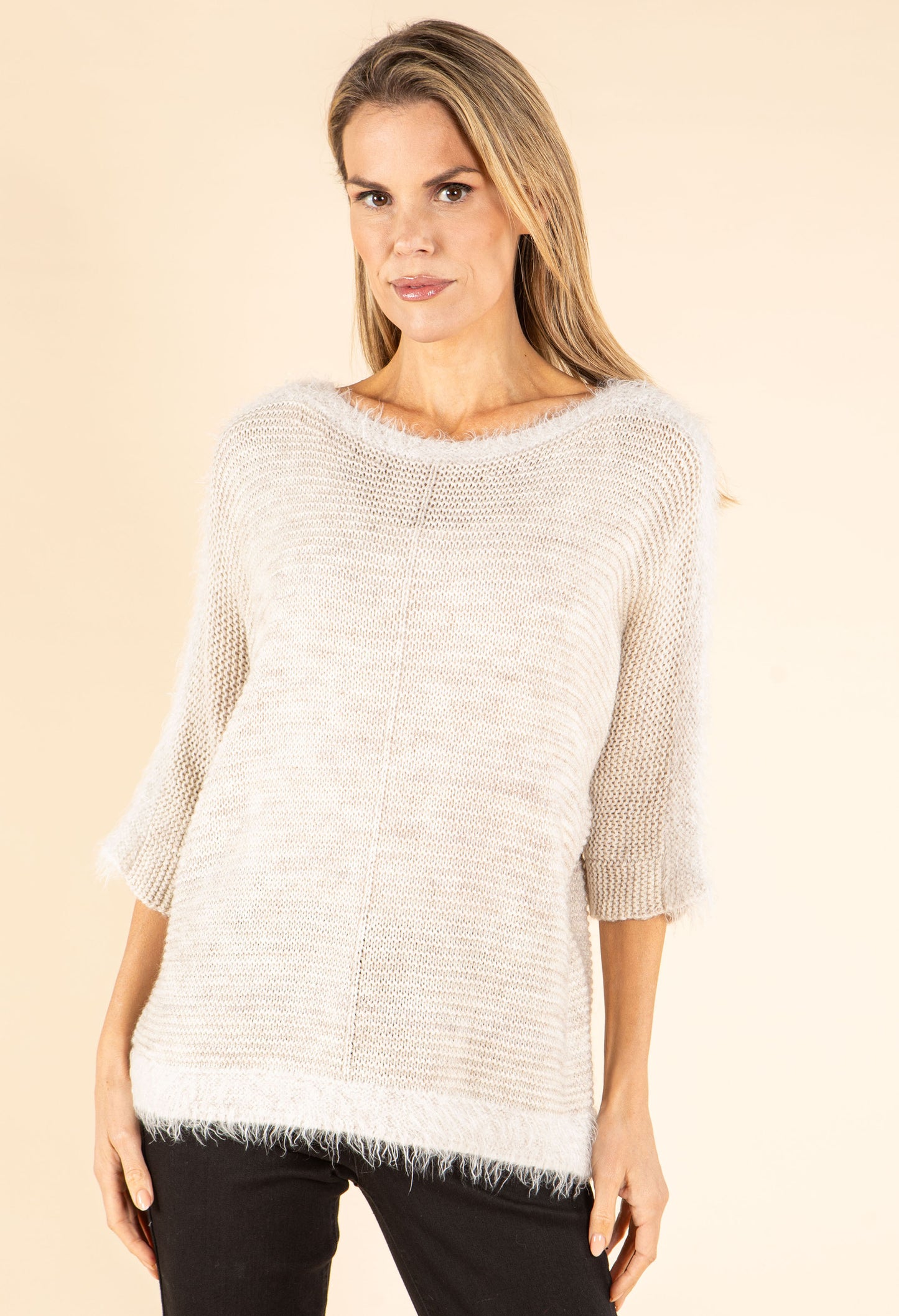 Ribbed Wool-Blend Knit Jumper with Fluffy Trim