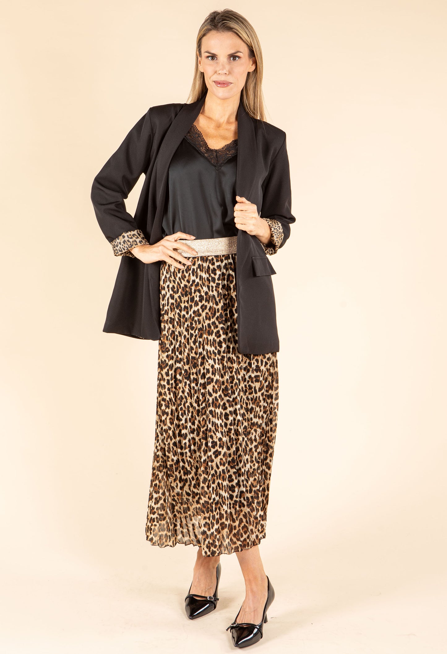 Pleated Leopard Midi Skirt