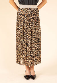 Pleated Leopard Midi Skirt