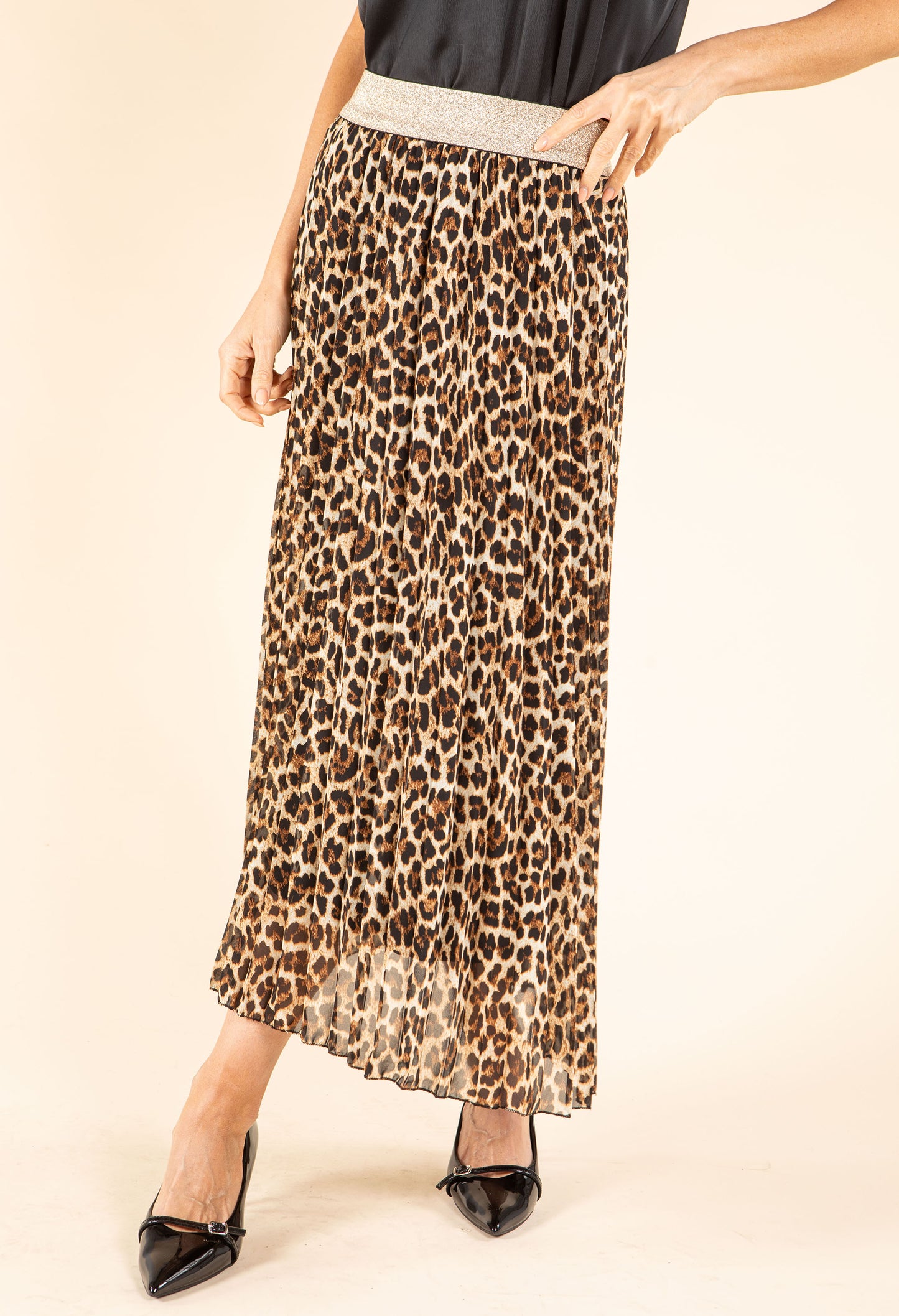 Pleated Leopard Midi Skirt