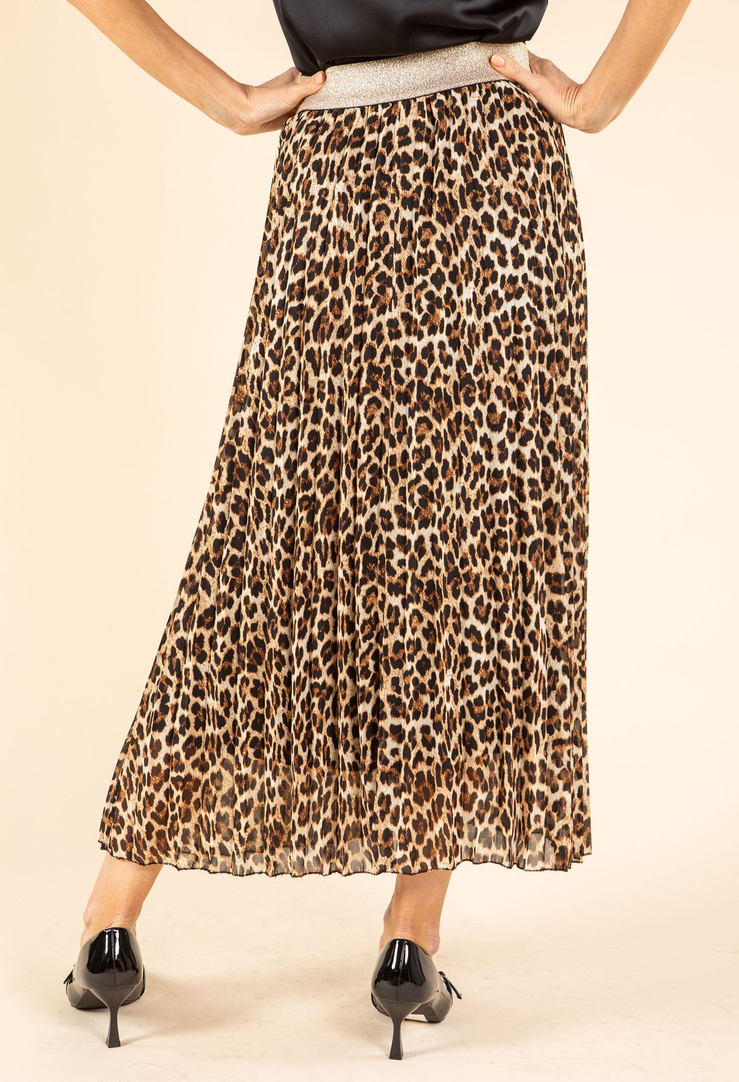 Pleated Leopard Midi Skirt