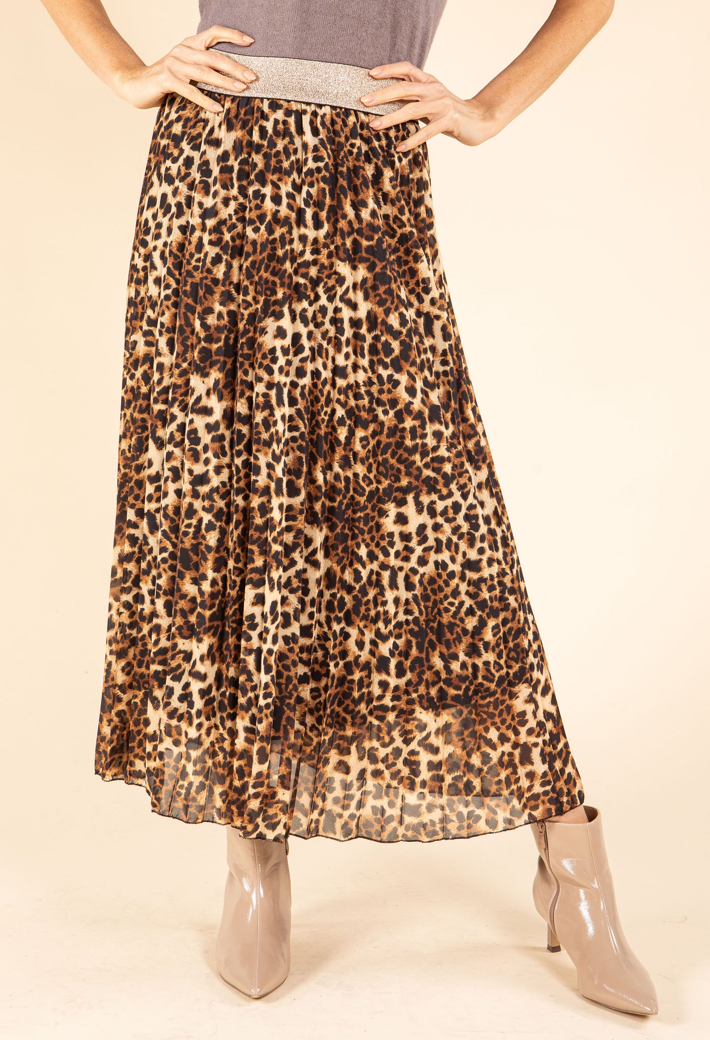 Pleated Leopard Midi Skirt
