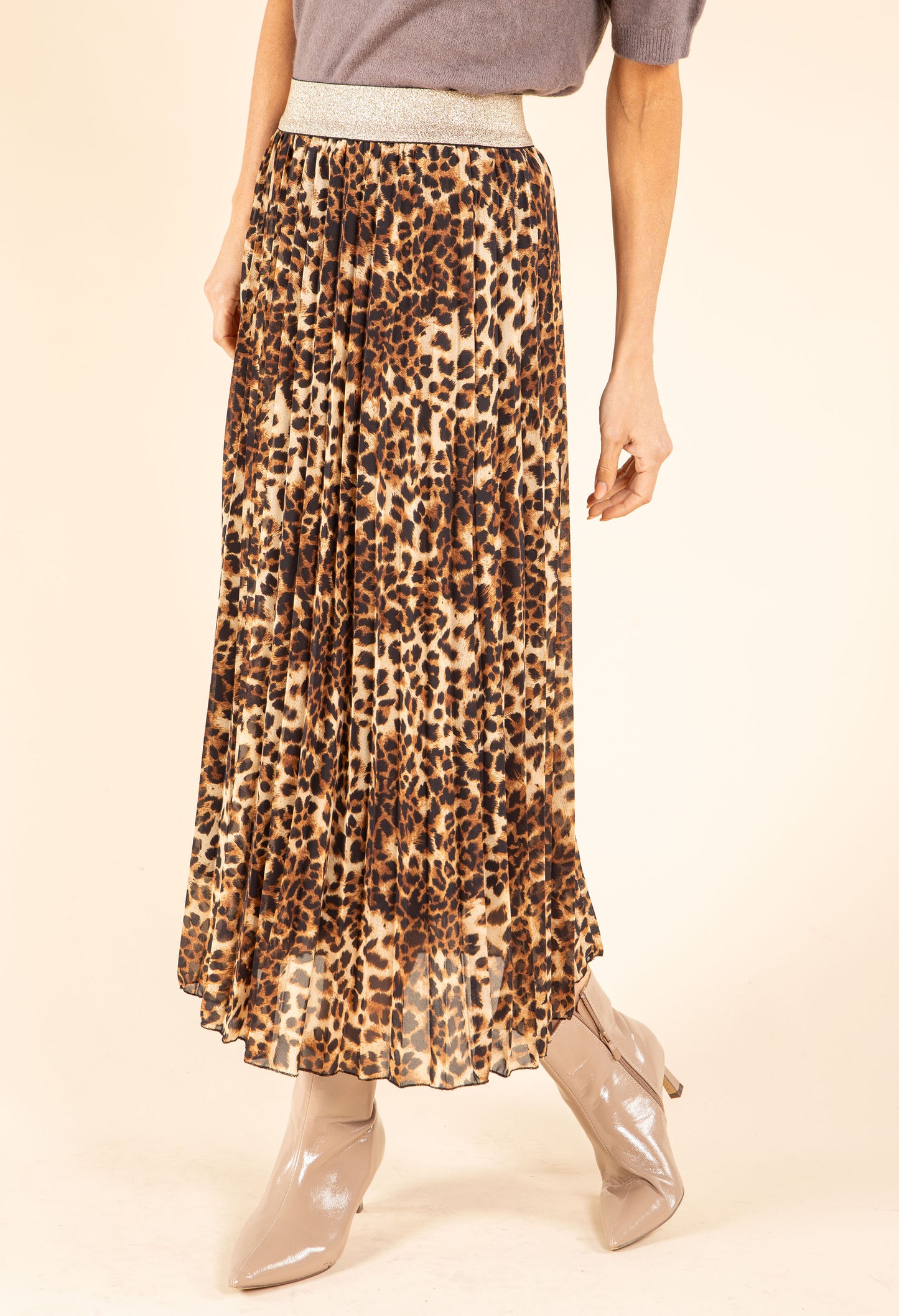Pleated Leopard Midi Skirt