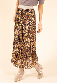 Pleated Leopard Midi Skirt