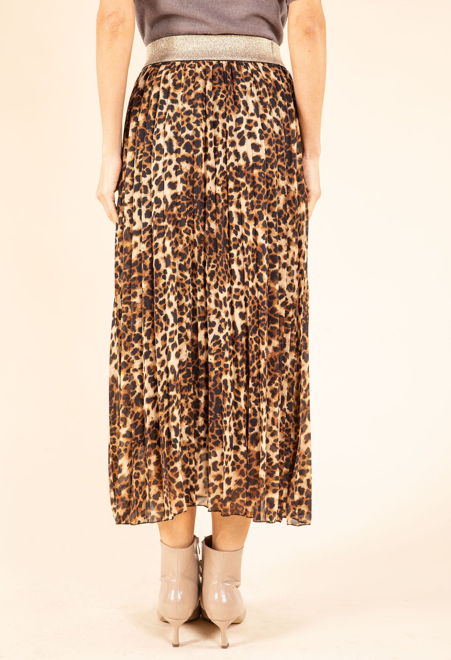 Pleated Leopard Midi Skirt